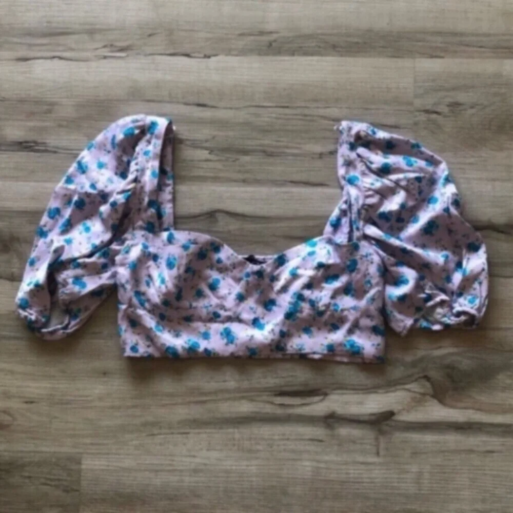 Zara White and Blue Puff Sleeve Crop Top - Picture 2 of 11